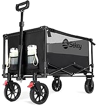Sekey Folding Festival Trolley with 330LBS Large Capacity, Heavy Duty Camping Beach Wagon, Removable All-terrain Wheels, Collapsible Cart with Adjustable Handle & Drink Holders, Black&Grey