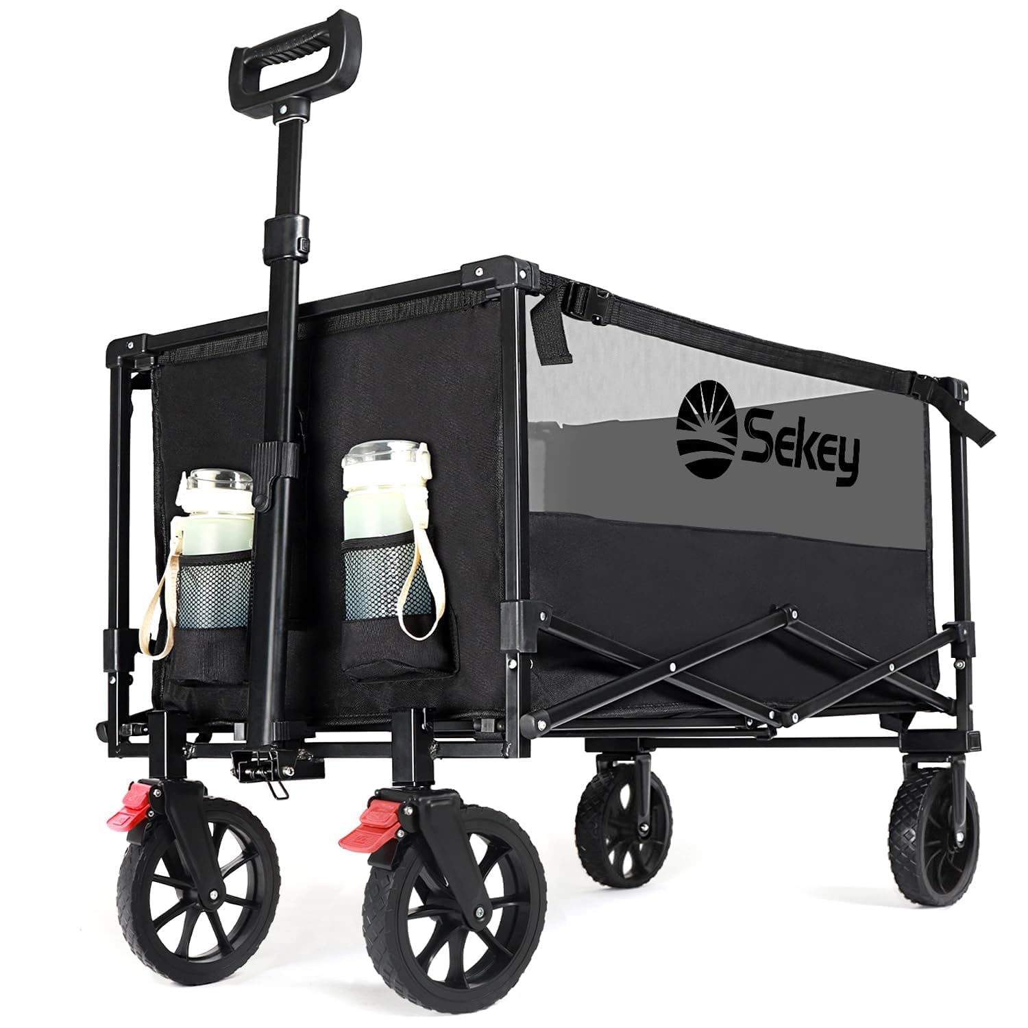 Sekey Folding Festival Trolley with Brake, 330LB Capacity Heavy Duty Beach Cart, Breathable & Quick-Dry, 200L Camping Wagon on All-Terrain Wheels, Adjustable Handle, Drink Holders, Black&Grey