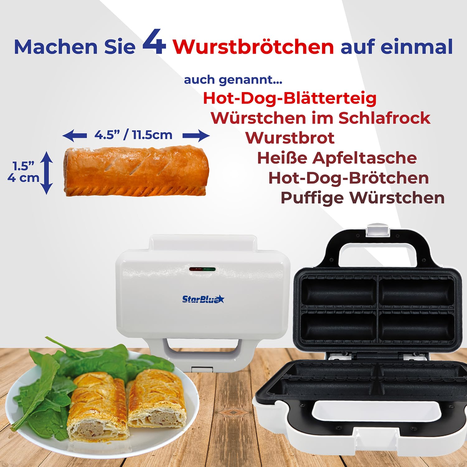 Wurstrollenformer von StarBlue mit GRATIS Rezept-eBook – Machen Sie 4 schnelle und leckere Frühstückswurstbrötchen und Snacks in Minuten, 220-240 V, 50/60 Hz, 850 W UK Stecker mit EU Adapter