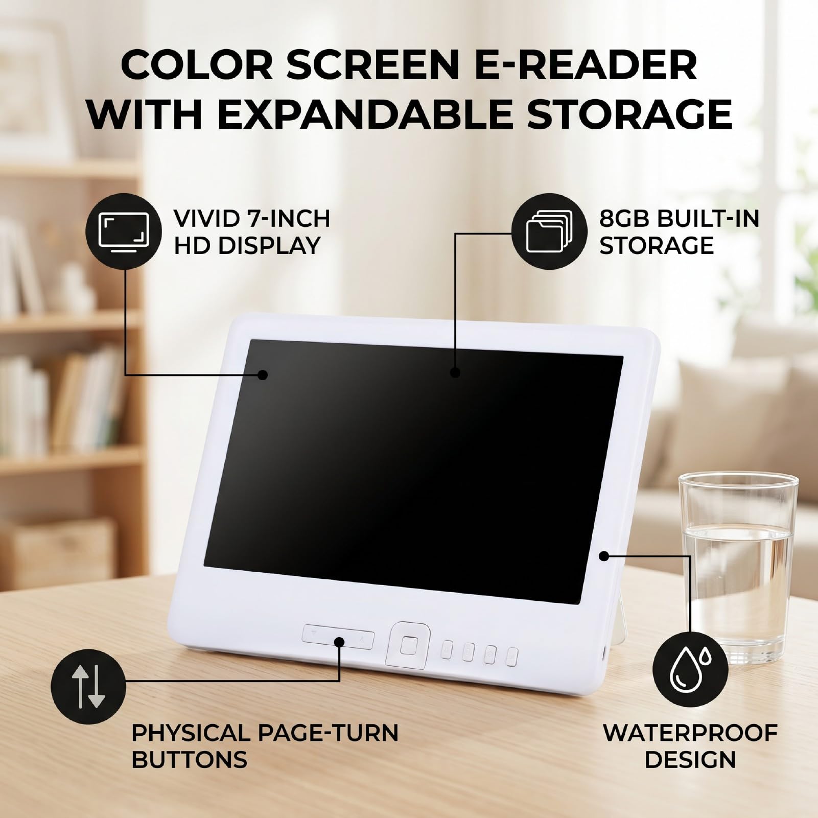 Lettore di E-book da 7" e 8 GB, Risoluzione 800 X 480 | Batteria da 2100 mAh, lettura 20 ore, pulsanti per girare pagina, musica/video/foto