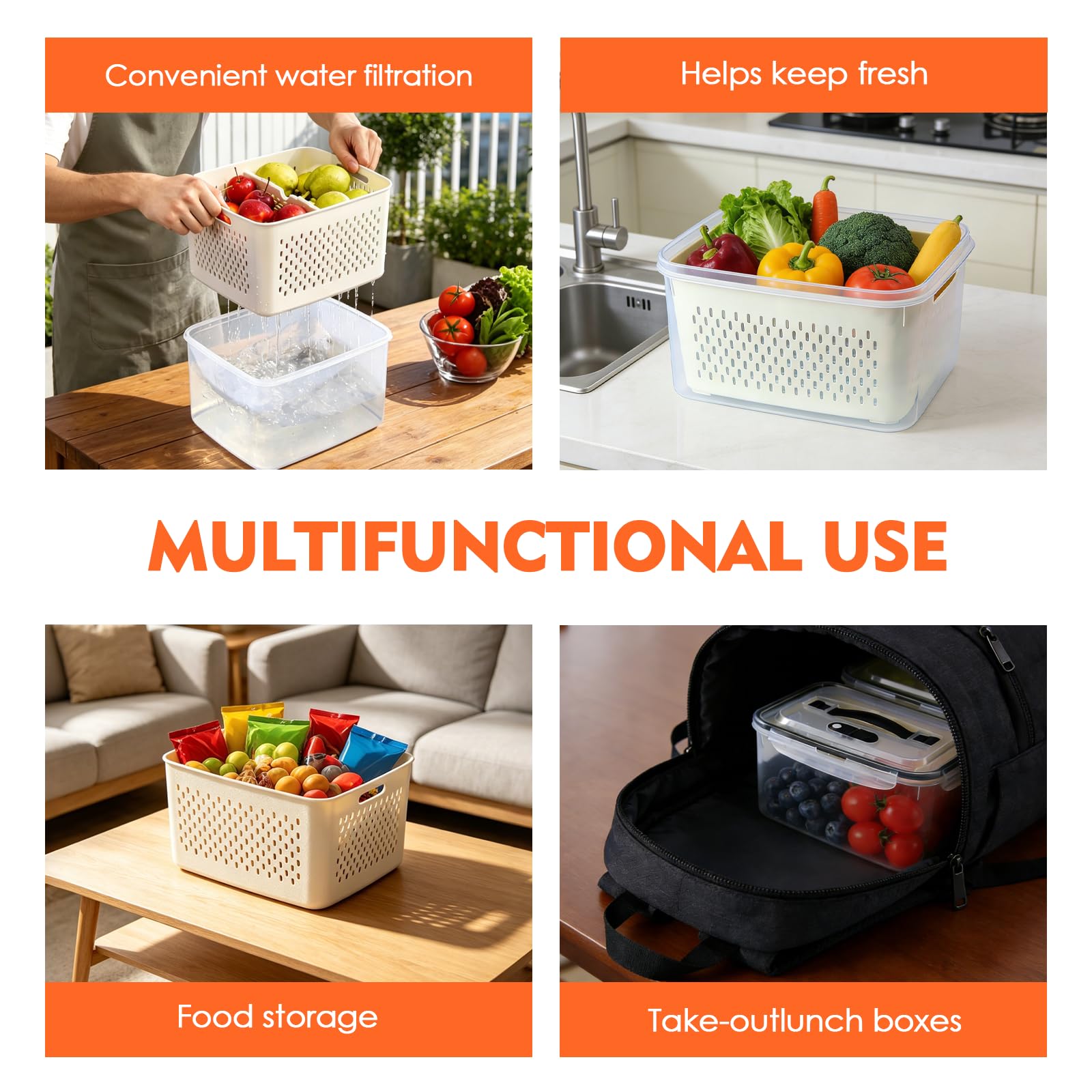 Contenitori Frutta e Verdura 6 Pezzi,Contenitori Ermetici con Coperchio e Scolapasta,Organizer Frigorifero Impilabile Senza BPA, Scatole Alimentari con Manico e Scomparti,Ideale per Frigo e Meal Prep