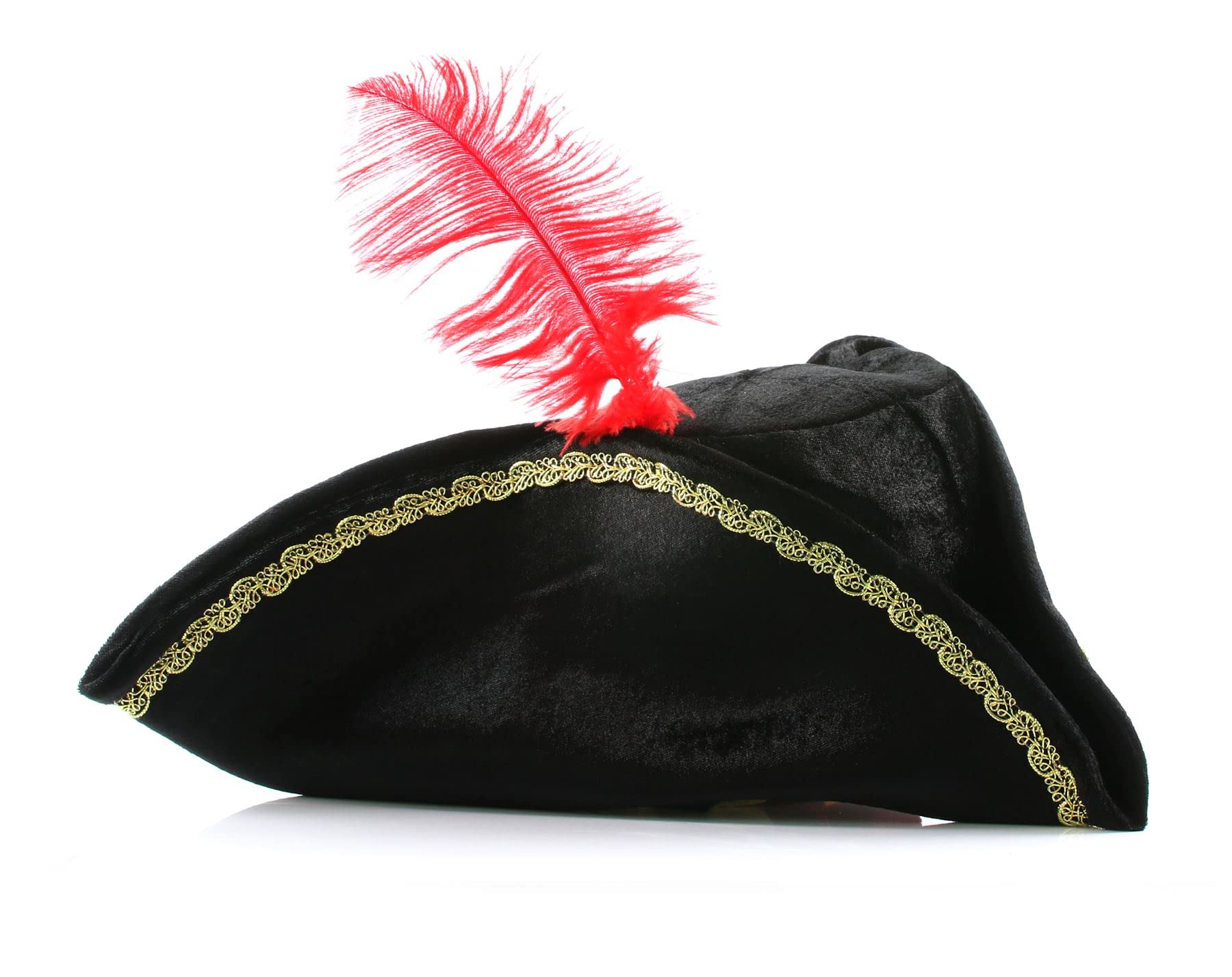 Adults Pirate Hat Tricorn - Black Hat with Gold Trim with Red Feather - Highwayman Town Cryer Bucaneer Pirate Cap Fancy Dress Accessory — image 1