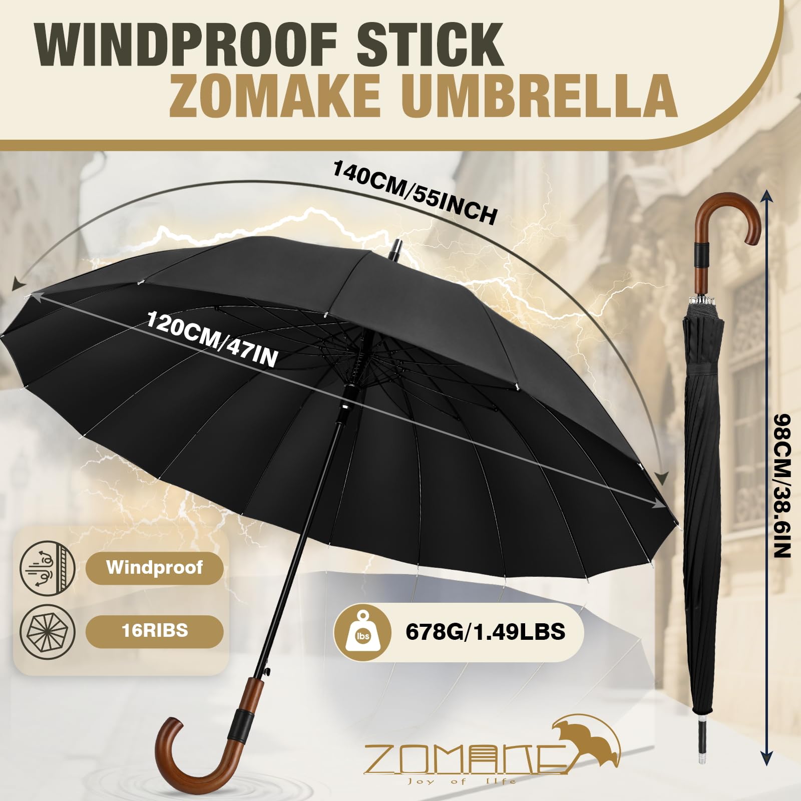 ZOMAKE Paraguas Grande XXL Antiviento 16 Varillas / 12 Varillas,120 cm Paraguas de Golf para Hombre Mujer,55 Pulgadas Parasol Largo Clásico con Bastones con Decoración de Anillas Metálicas