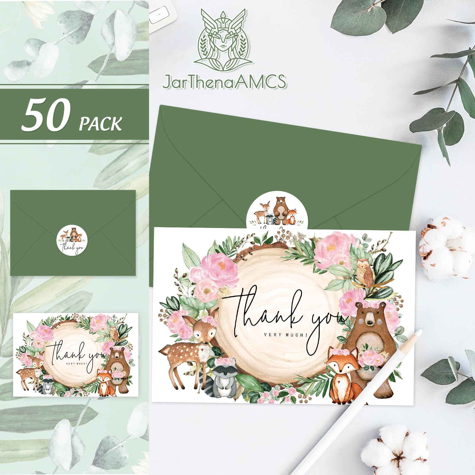JarThenaAMCS Paquete de 50 tarjetas de agradecimiento del bosque en caja, tarjetas de felicitación de animales del bosque con sobres, calcomanías en blanco, tarjetas de notas en blanco para baby