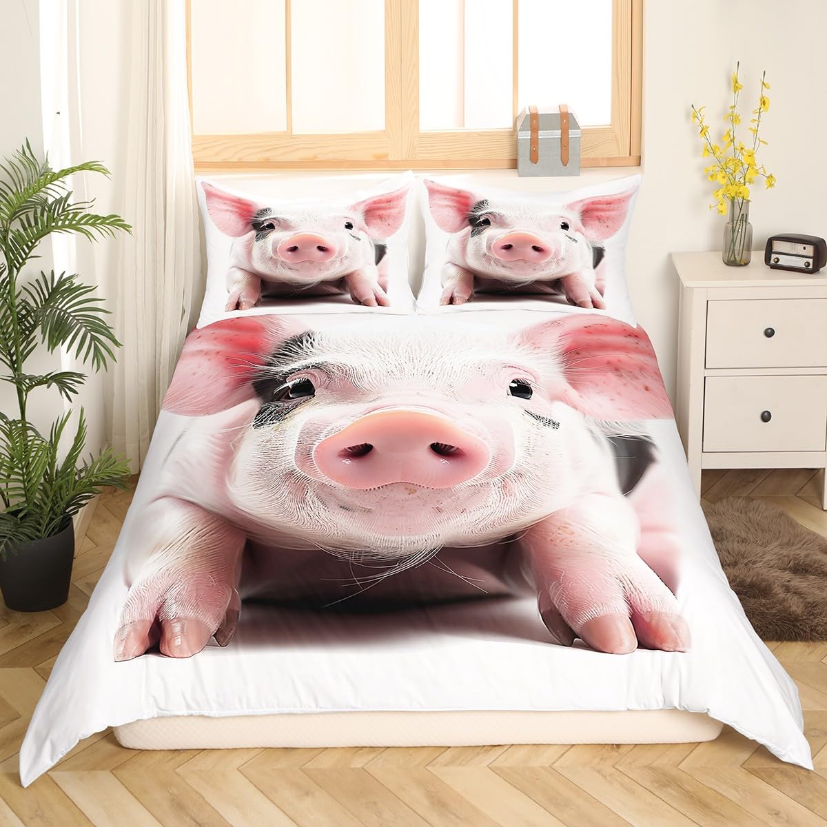 Erosebridal Pig Comforter Cover, Lovely Animal Printed Duvet Cover Set Full Size for Kids Boys Girls Children, Cute Pet Bedding Set White Breathable Bedspread Cover Bedroom Décor, with 2 Pillow Cases
