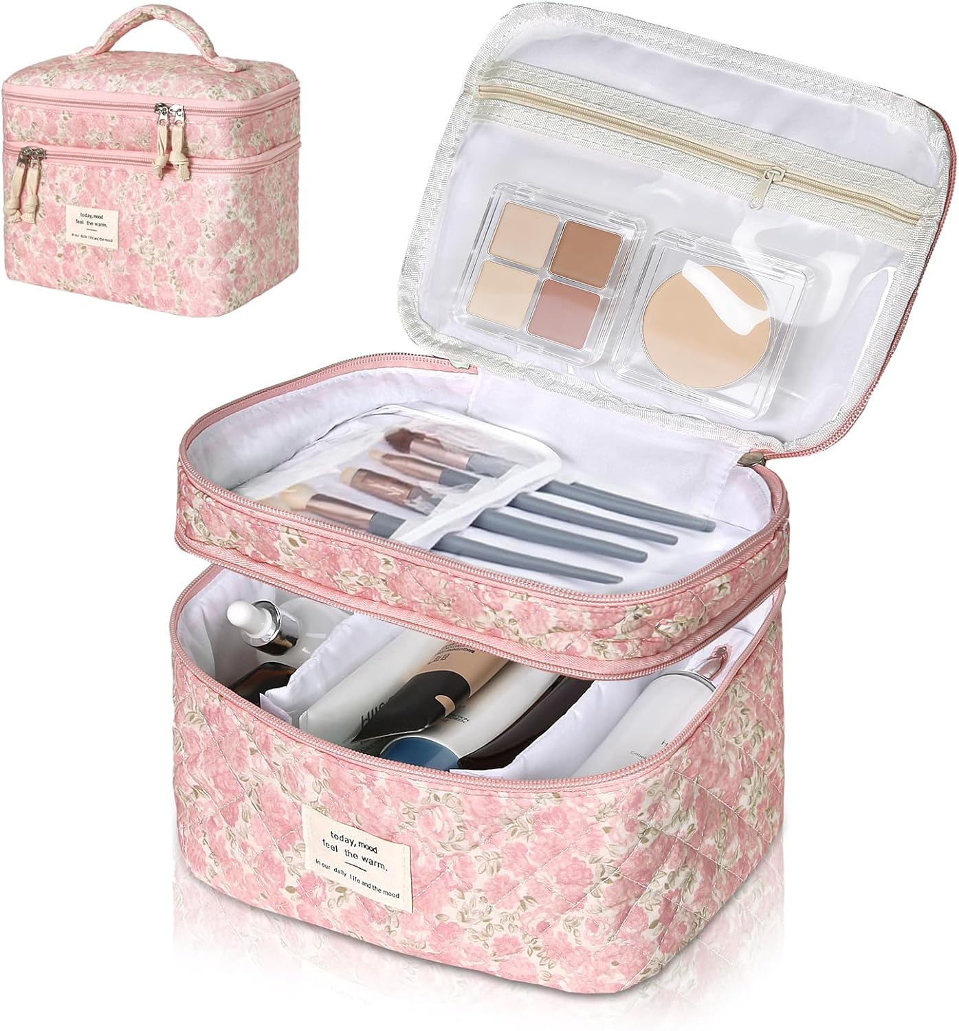 Gosect Makeup Bag, Portable Travel Make up Bag, Large Capacity Quilted Cosmetic Organizer Bag, Cute Floral Toiletry Bag for Women Girls (Pink Floral)