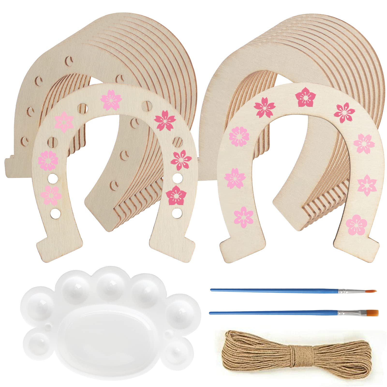 Anruyi 24 Pcs Herradura Madera Artesanía de Decoración 2 Etilos Madera Herradura Decoración Madera Manualidades para Navidad con Paleta + 2 Pinceles Caballos de Juguete para Niños Navidad Festival