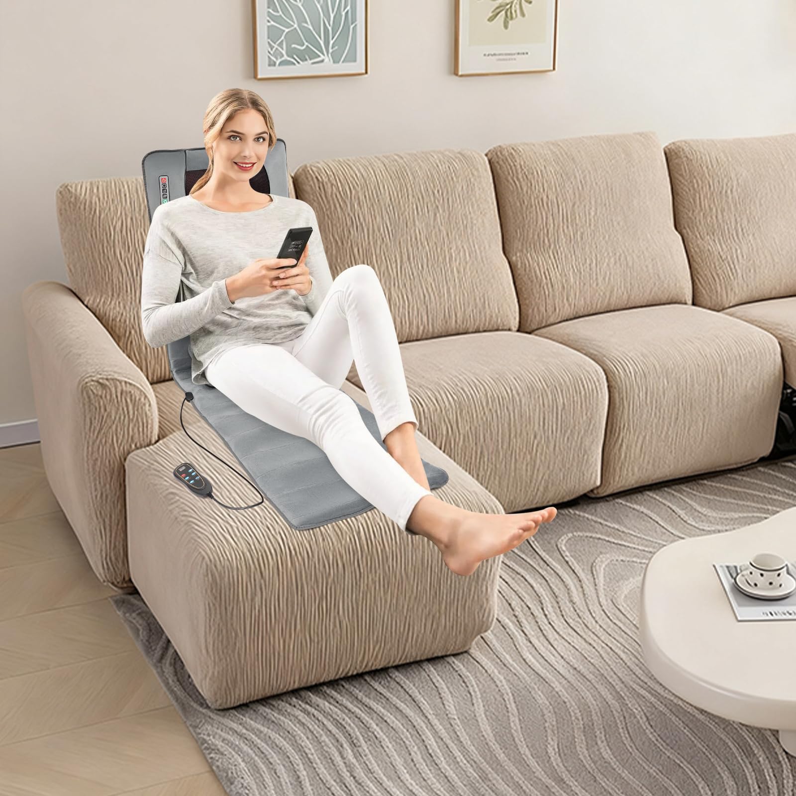 Esterilla de masaje de cuerpo entero, esterilla de masaje eléctrica con función de calor, alfombrilla de masaje vibratoria con 10 motores, 9 modos de masaje y 9 intensidades de vibración, diseño