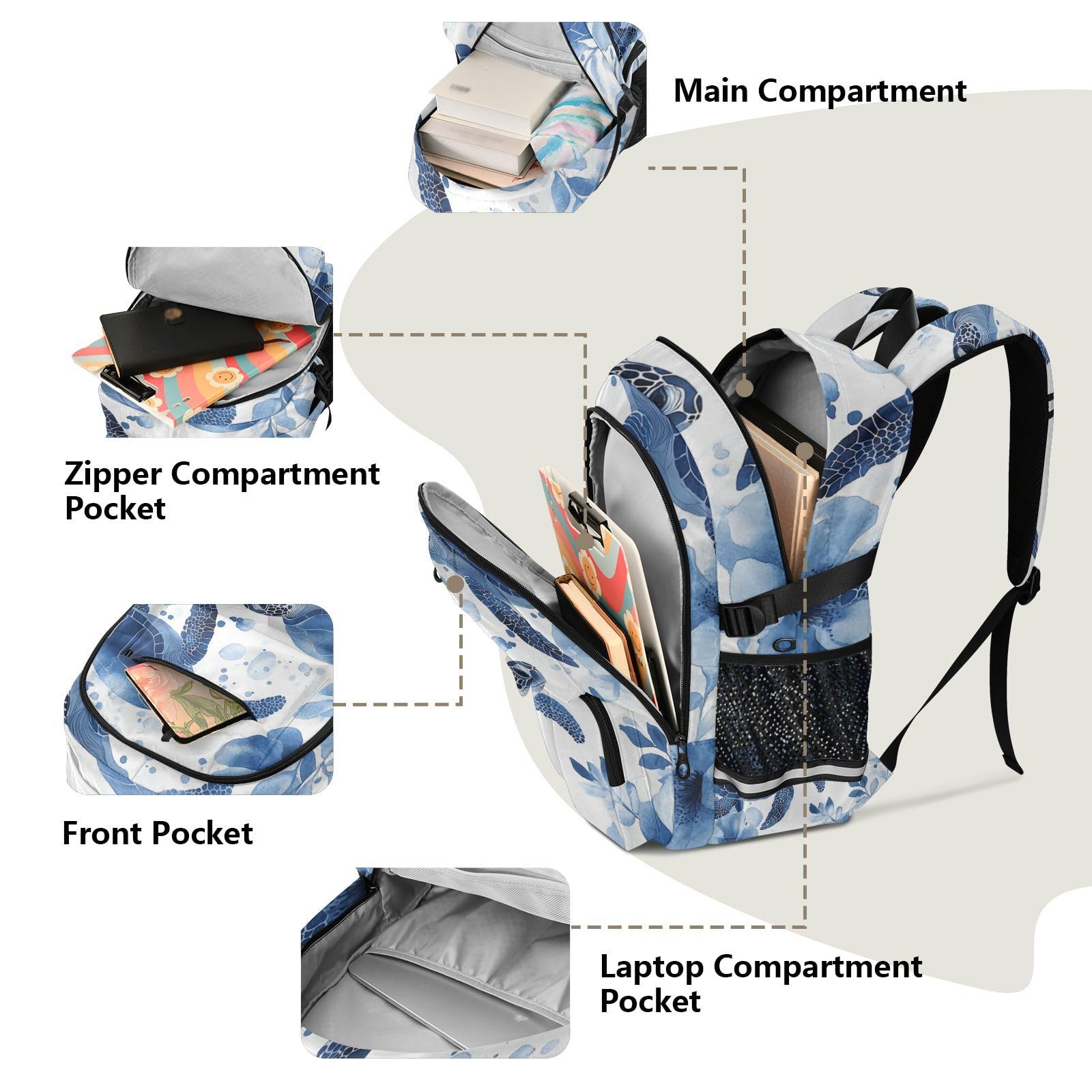 Grand sac à dos de voyage pour homme - Motif tortue bleue - 44,5 cm - Léger et décontracté