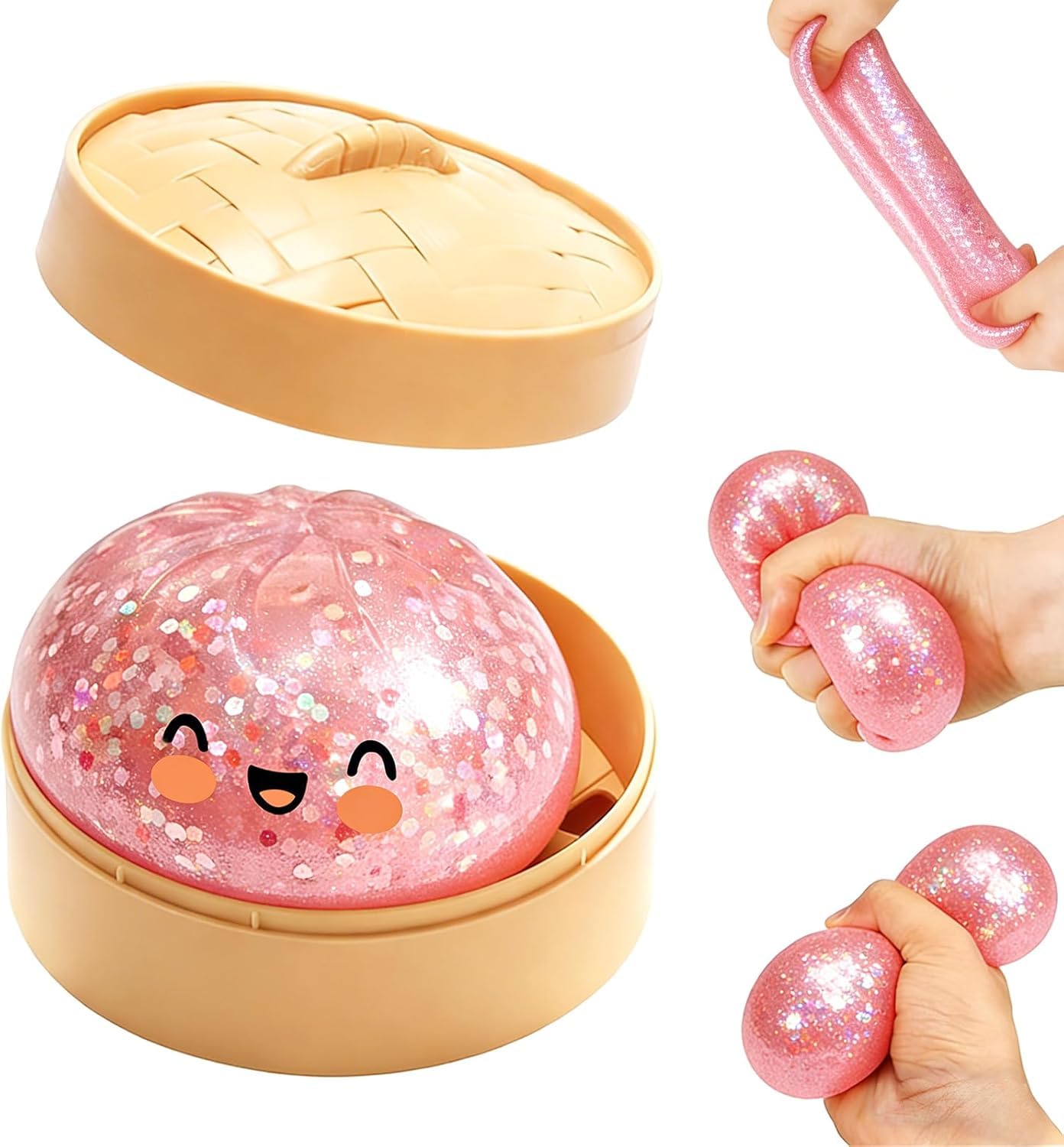 10CM Glitter Pink Squishy Bao Dumpling Sensory Fidget Toy with Plastic Steamer Box Soft Squeeze Decompression Dough Fidget Toys for Relaxation Boys Girls Home Office Classroom