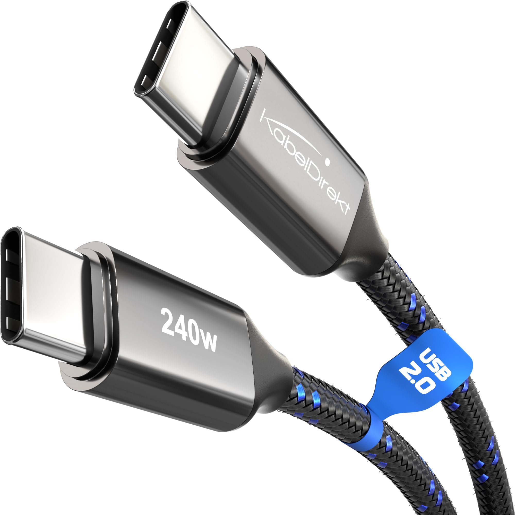 KabelDirekt – USB C Kabel zum Schnellladen, bruchfeste Metallstecker + stabiles Nylon-Braiding, USB 2.0 – 2x 1m (lädt Handys/Laptops mit 240W, höchst robust, funktioniert als Ladekabel/Datenkabel)