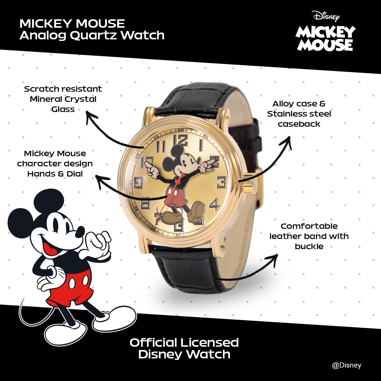 Mickey Mouse Articulating Hands Watch for Men, Stylish Mickey Watch for Men, Classic Mouse Watches, Unique Timepiece, Gold Dial & Case, Black Leather Strap