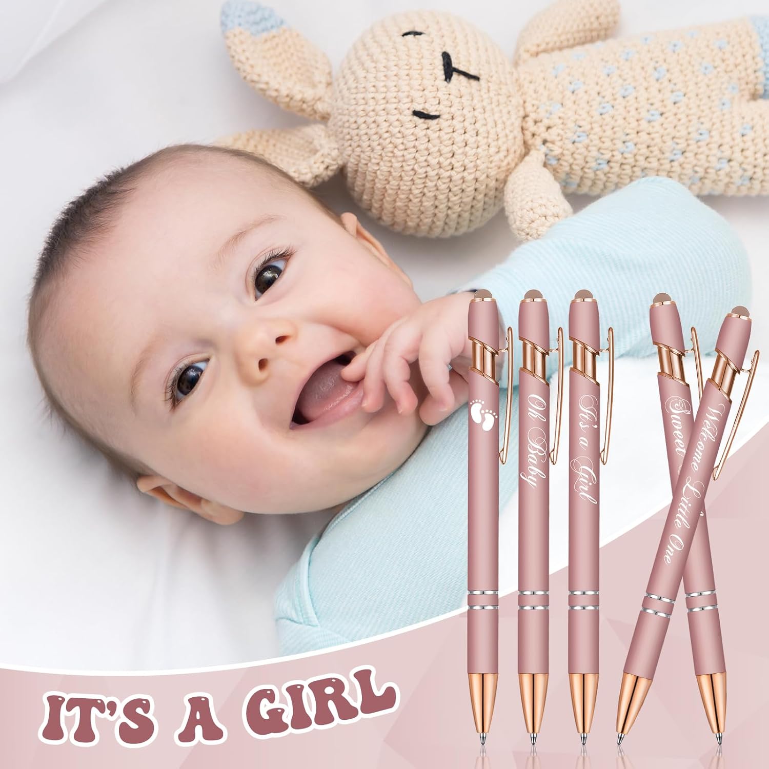 Jspupifip 50 Pcs Baby Shower Pens with Stylus Tip Metal Retractable Baby Shower Pens Girls Black Ink Baby Pens Bulk It's a Girl Pens for Baby Shower Favors Guests School Supply (Rose Gold)