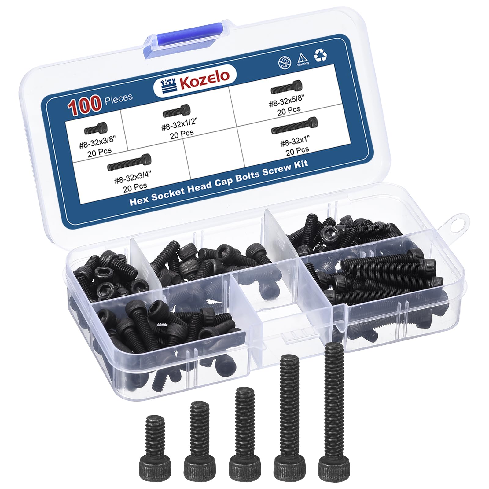 Kozelo 100pcs #8-32 Socket Head Cap Screws Bolts Nuts Assortment Kit - [#8-32x3/8 to 1"] Alloy Steel Fully Threaded Black Oxide 12.9 Internal Hex