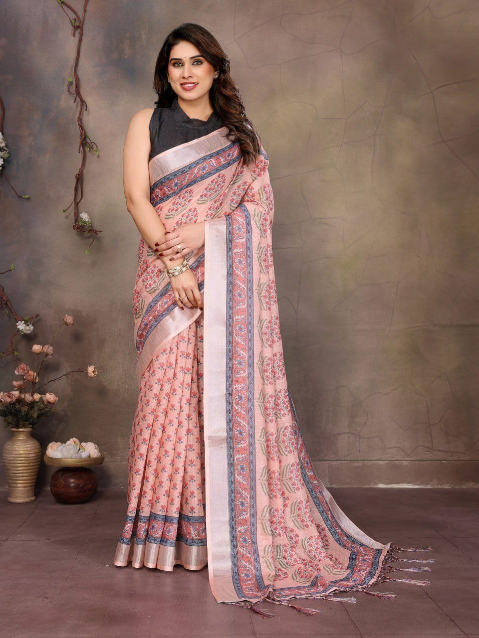Women’s Peach Cotton Linen Saree with Floral Print & Elegant Woven Border – Traditional Indian Ethnic Wear