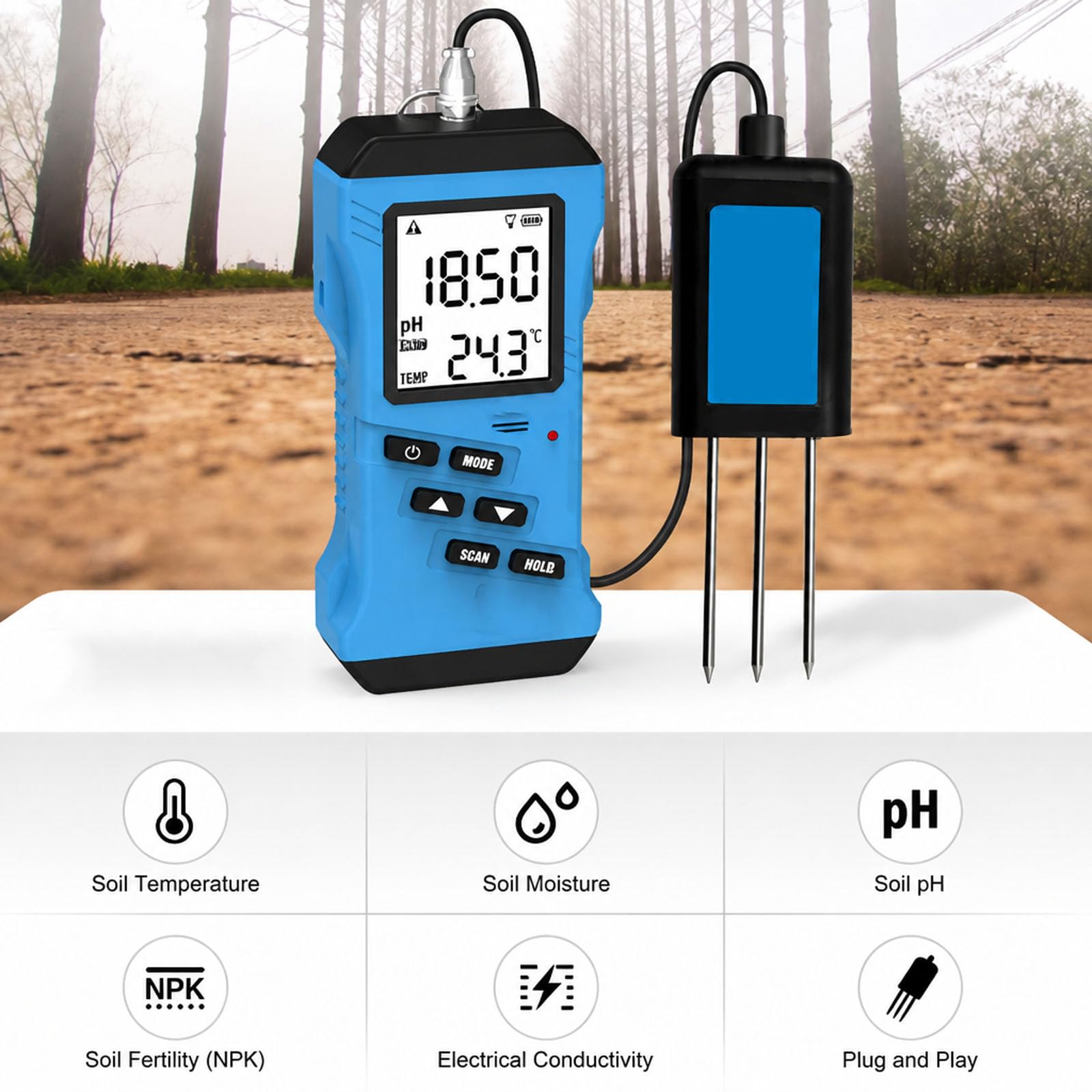 Rilevatore di suolo portatile con display LCD retroilluminato, misura il pH del suolo, temperatura di umidità, fertilità NPK, conduttività elettrica, risposta rapida per piante in vaso da giardino