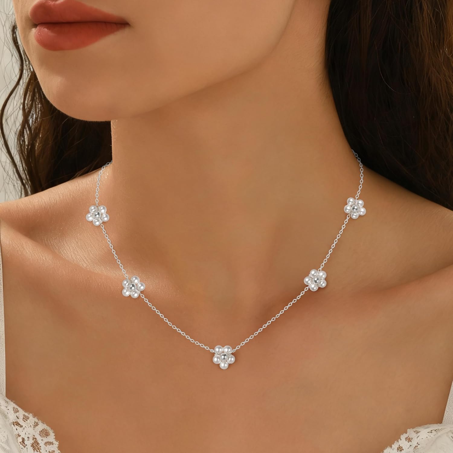 925 Sterling Silver Daisy Pearl Pendant Necklace for Woman 14K Gold Plated Dainty Pearl Flower Choker Necklaces to Mother Daughter Minimalist Elegant Trendy Valentines Wedding Jewelry Gift - Image 6