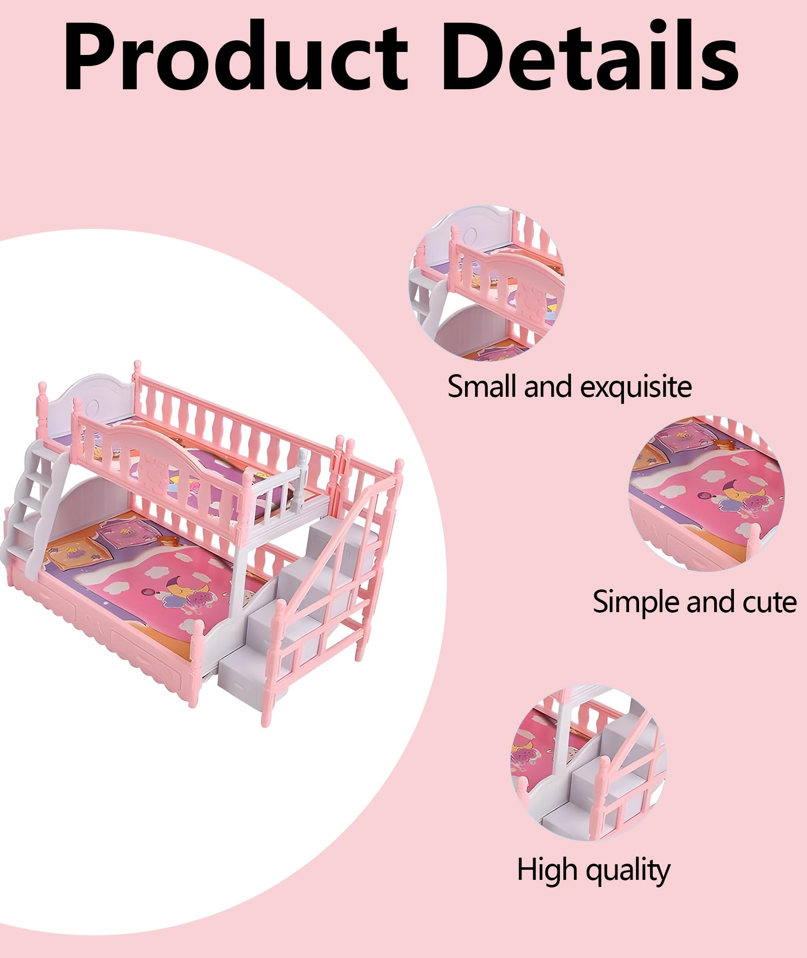 Doll Bed, Miniature Bunk Bed for Doll House Furniture, Pink Doll House Furniture with Sturdy Design, Perfect for Imaginative Play and Skill Development, 22x11.5x14cm 1