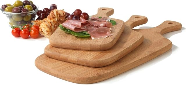 Salter BW06732 Bamboo Serving & Charcuterie Chopping Board Set, 3 Piece, 30, 35 & 45 cm Paddle Cutting Boards, Strong and Durable Surface, Reversible Design, Protects Kitchen Worktops, With Handles