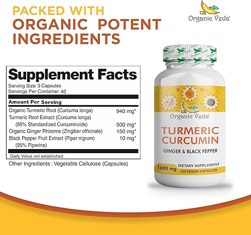 Miniatura 10 de Organic Veda Cápsulas de curcumina de cúrcuma  Suplemento dietético orgánico hecho con cúrcuma orgánica  Sin OMG, máxima absorción con pimienta