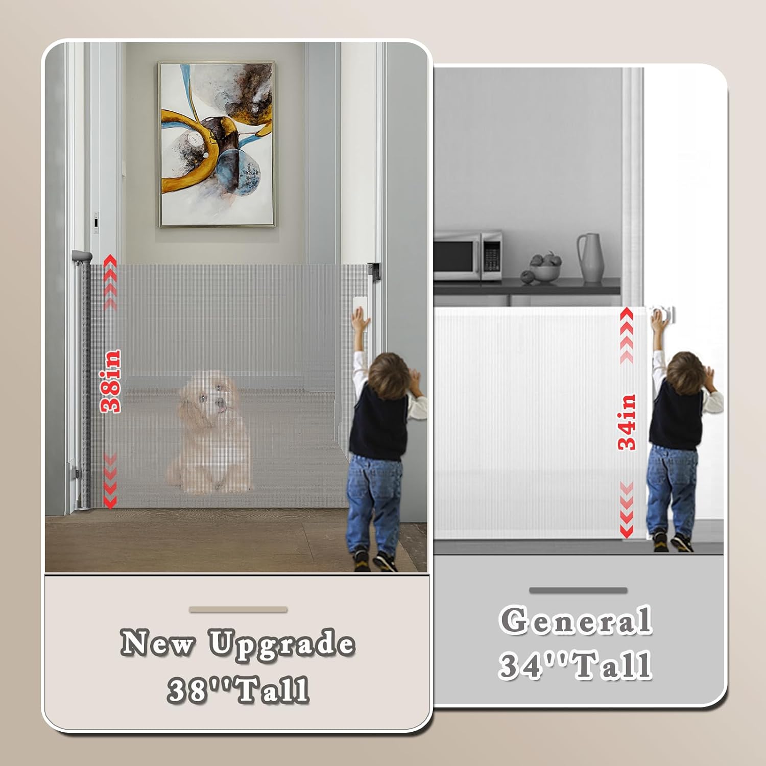 Retractable Baby Gates 55" Wide x 38" Tall Dog Gates for Doorways Extra Wide Mesh Pet Gate Double Locking Child Gate for Stairs, Indoor, Outdoor, Hallways (Gray)