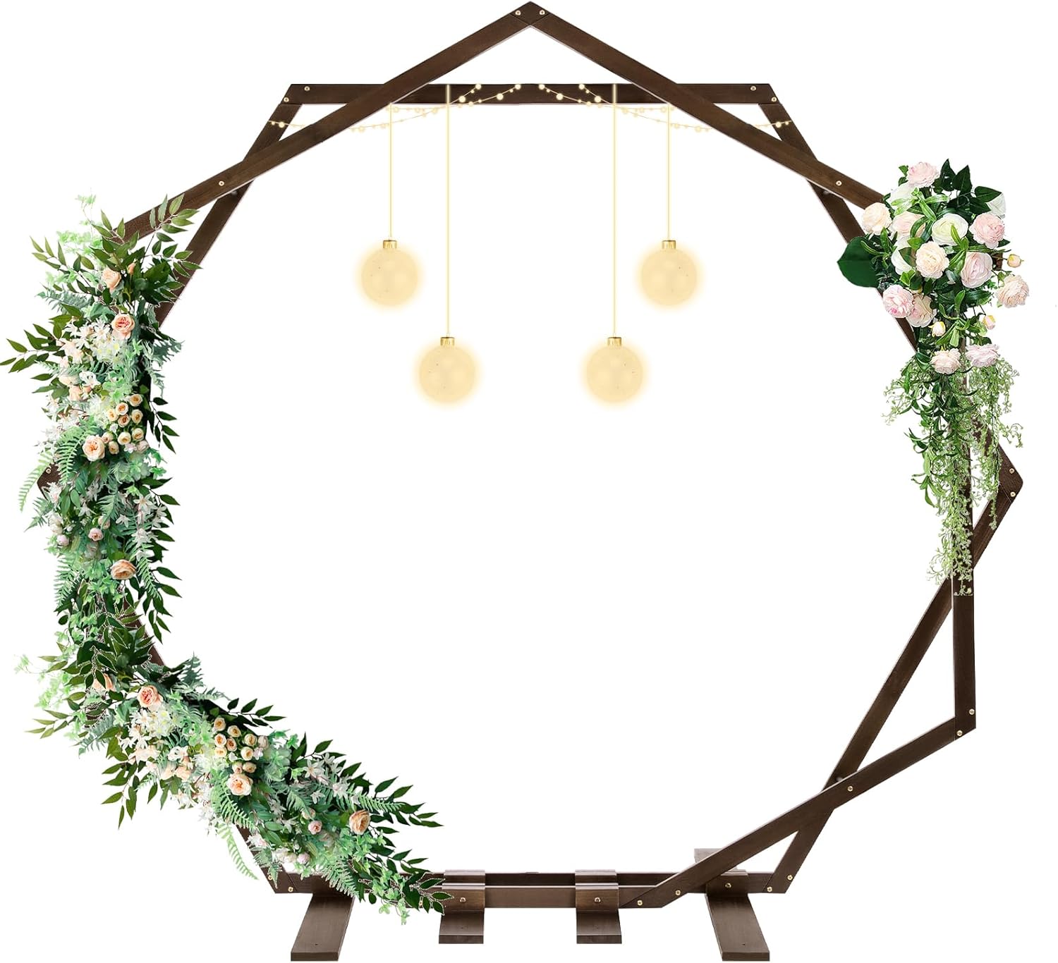 Wooden Wedding Arch, 7.2FT Wooden Arch for Wedding Ceremony, Hexagon and Heptagon Wood Arbor Backdrop Stand for Indoor and Outdoor, Rustic and Boho Style Brown