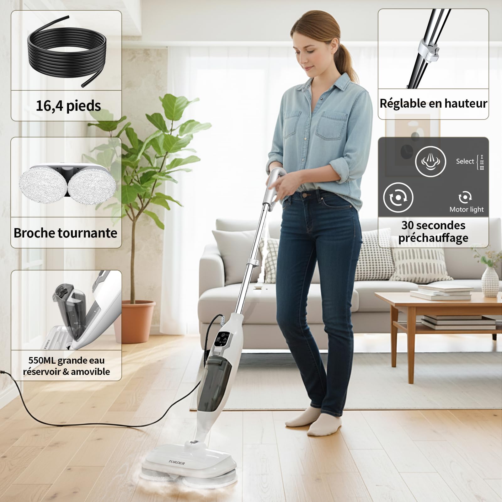 Escoba de Vapor,Escoba de Vapor para Suelos Duros, Limpieza Profunda, Limpiador de Vapor portátil multifunción, 13 Accesorios para Suelos de Madera, Laminado, Vinilo, baldosas