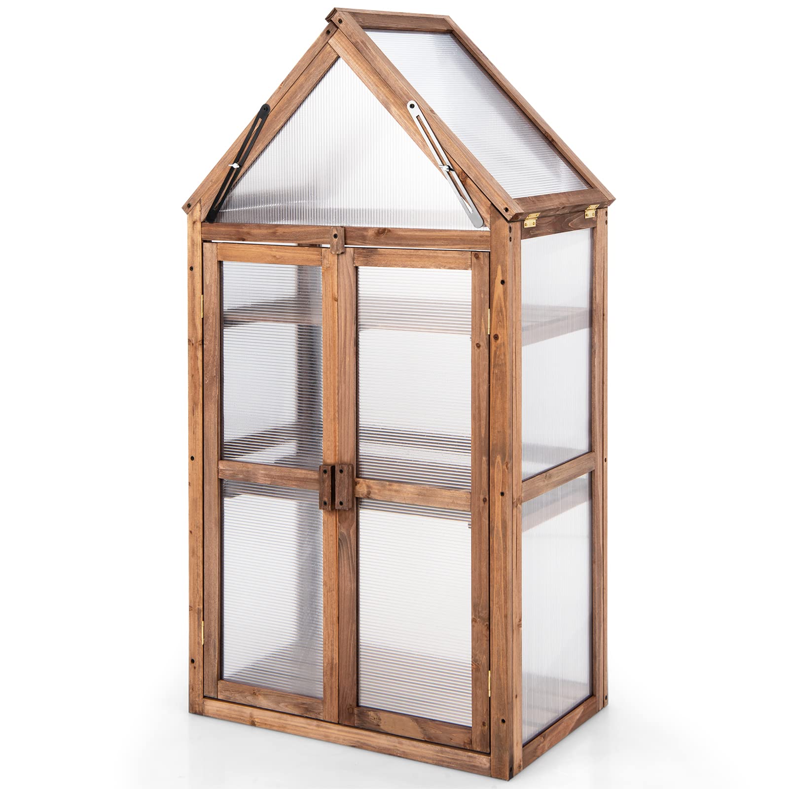 GOPLUS Mini Serre en Bois à encadrement Froid, étagère de jardinière surélevée avec Toit Transparent ouvrable, Portes Doubles et étagères à 3 Niveaux, Serre Portable pour Jardin, Cour, Balcon