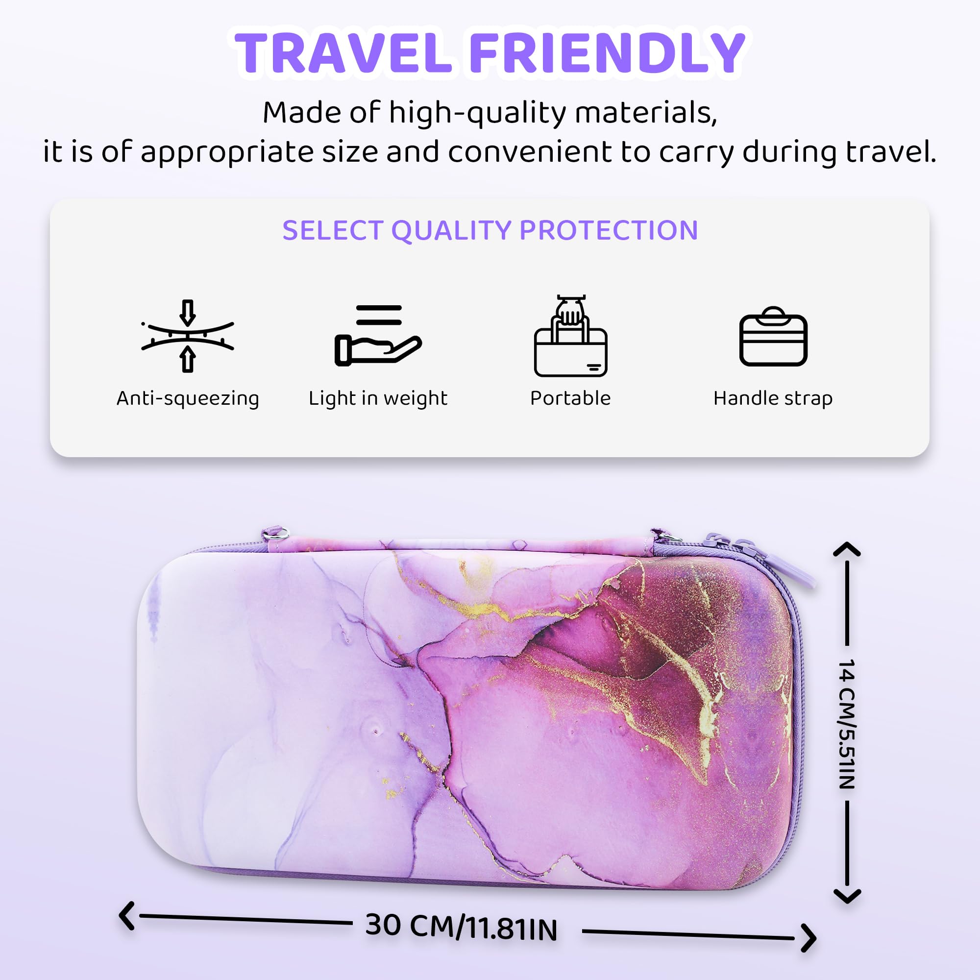 FUNDIARY Custodia da viaggio per Nintendo Switch 2 con design marmo viola, accessori carini con custodia portatile, custodia protettiva agganciabile, pellicola proteggi schermo, tracolla e 2 tappi per