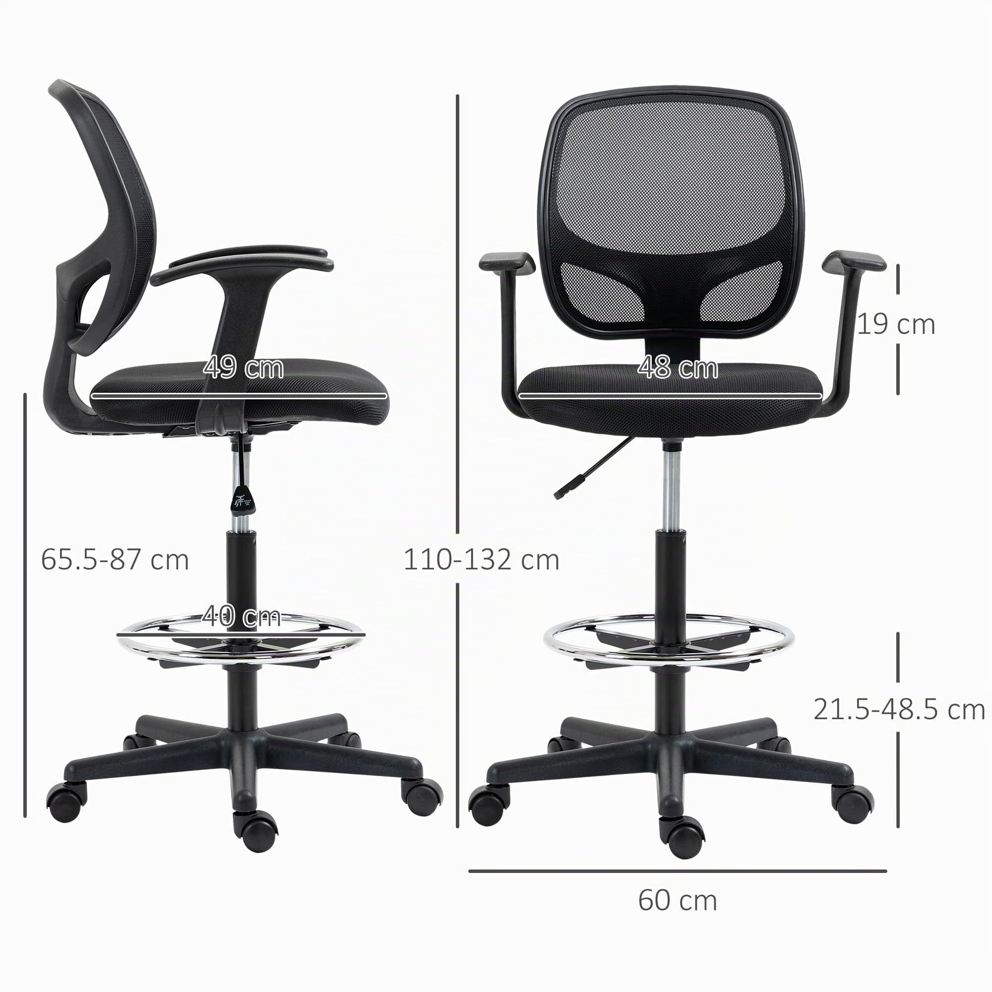 Vinsetto Sedia Ufficio ad Altezza Regolabile con Poggiapiedi Nero | Sedia Ergonomica, Ruote Girevoli, Braccioli, Seduta Imbottita in Gommapiuma, 64x57x110-132cm
