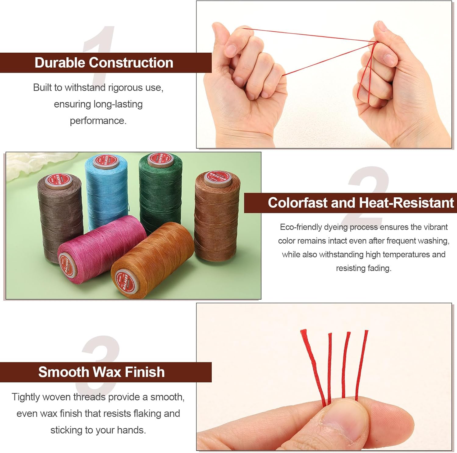 uxcell Flat Leather Sewing Waxed Thread, 200m / 219 Yards Polyester Wax String, 210D Wax Stitching Cord for Leather Crafts, Bookbinding, Bracelets Braided, Grass Green - Image 5