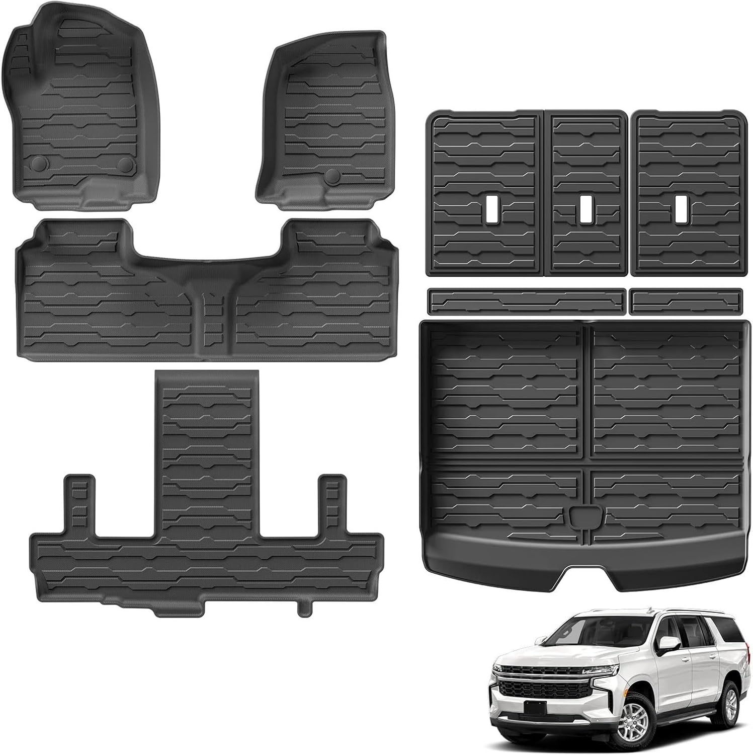 for Chevrolet Suburban Yukon XL (only XL) 7 Seats 2021-2025 TPE 3D Car Floor Mats Cargo Liner Trunk Pad Black(LHD 7P)