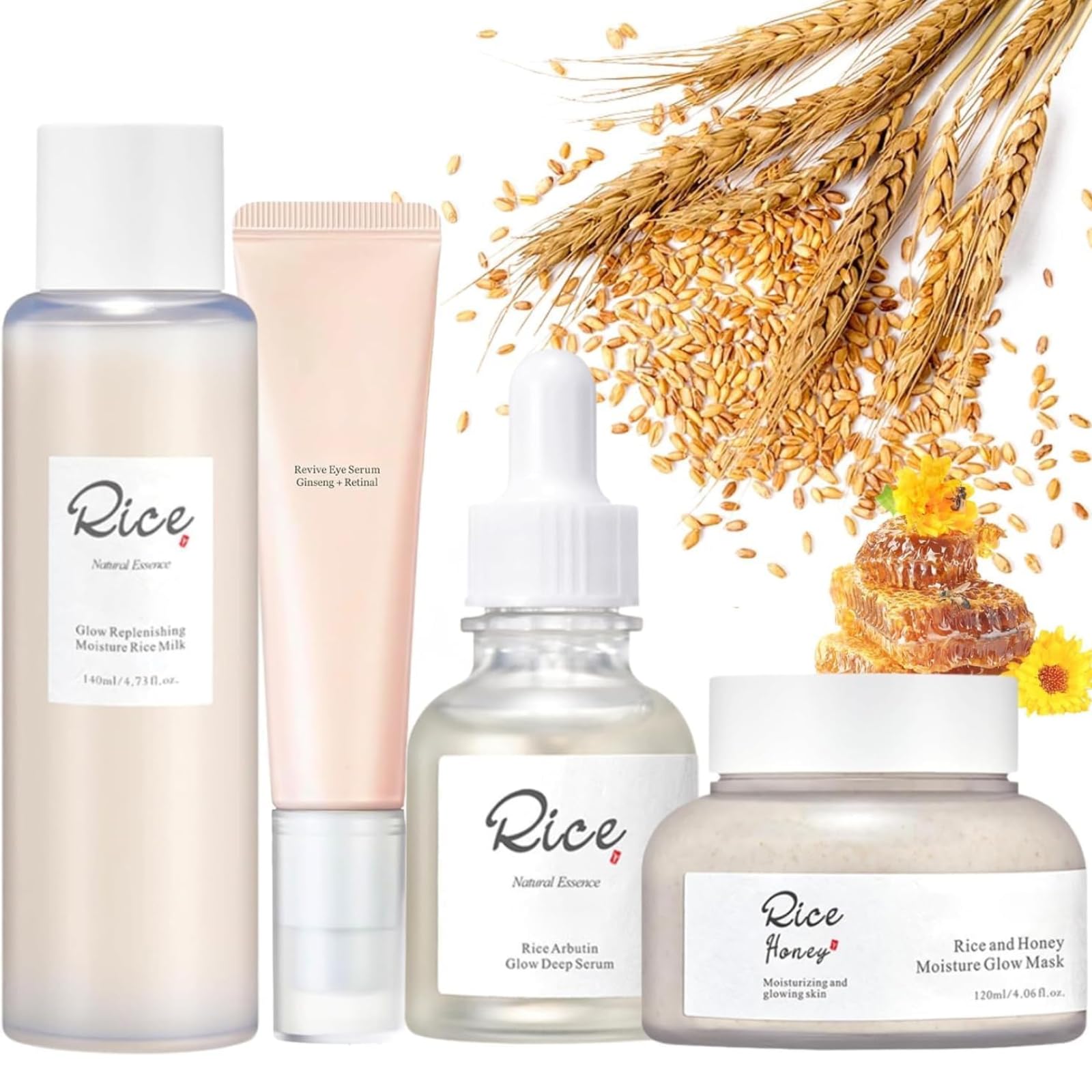 Rice Skin Care Set, Glass Skin Care Kit with Ground Rice & Honey Glow Mask, Rice Milk Toner, Arbutin Serum, Ginseng Eye Serum