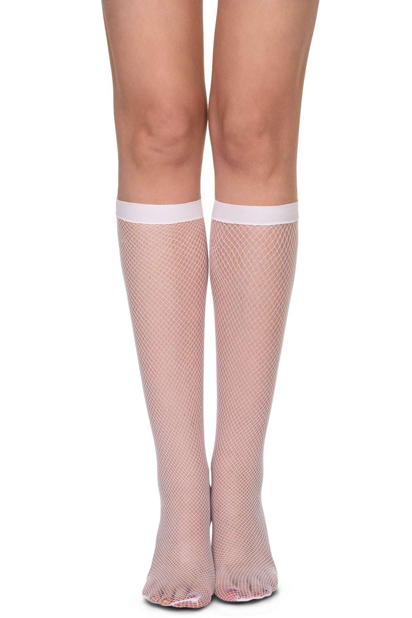 Annes styling Womens Netted Knee-High Socks Fishnet Style Basic Stocking Under Knee Tighs, Rete Bianco