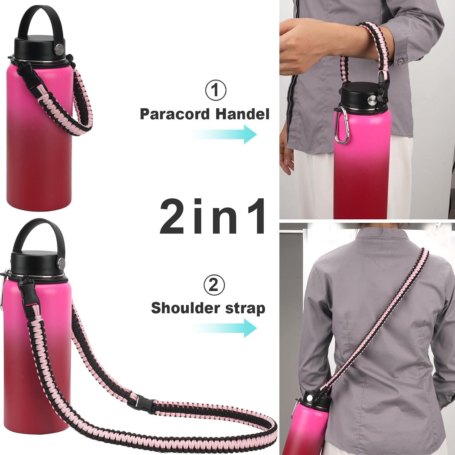 Wongeto Paracord Handle Carrier Holder with Shoulder Strap,Compatible with Hydro Flask Wide Mouth Water Bottles image 2
