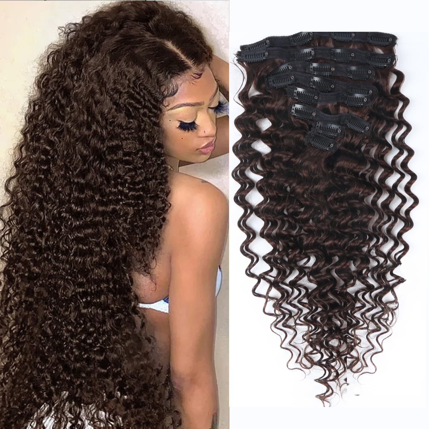 Clip in Hair Extensions Real Human Hair Deep Curly Dark Brown Clip in Extensions for Women Seamless Invisible Natural Remy 100% Human Clips ins Extension 8pcs Double Weft 24 inch 120g/4.2oz