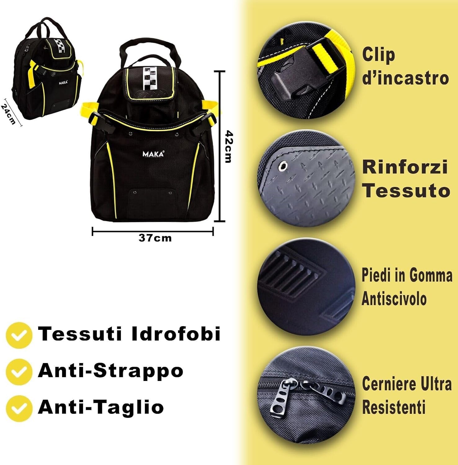 MAKA Zaino Porta Attrezzi da Lavoro, 51 Scomparti, 40L, Porta fino a 20kg, Clip Incastro, Piedi in Gomma Antiscivolo, Impermeabile agli Schizzi, Traspirante, Zaino Borsa Attrezzi Elettricista