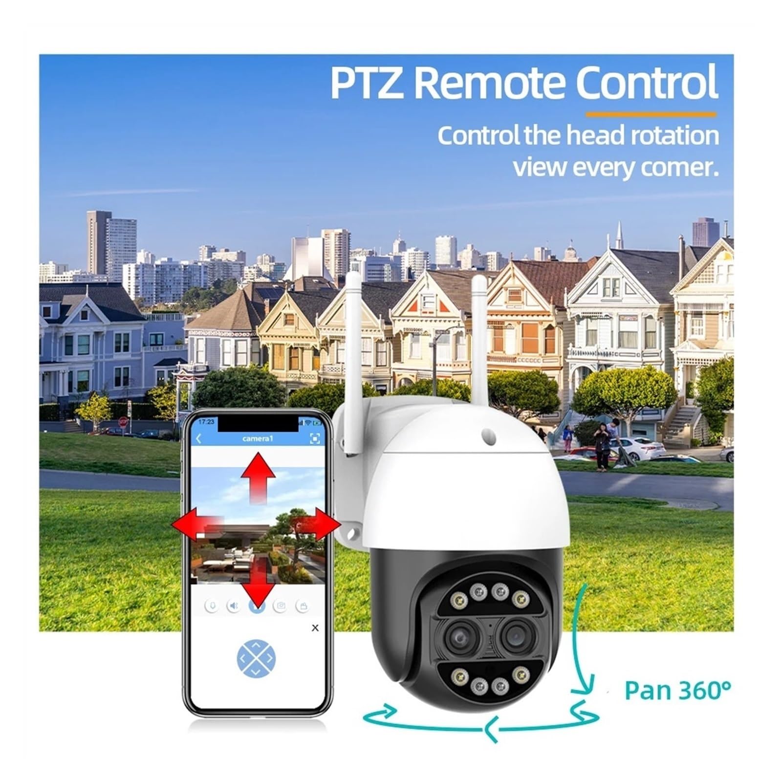 Telecamere di sicurezza, Telecamera IP di sicurezza CCTV con doppia lente da 8 MP 4K PTZ, zoom 8X, telecamera di sorveglianza a colori con visione notturna e monitoraggio automatico(8MP Add 64G Card)