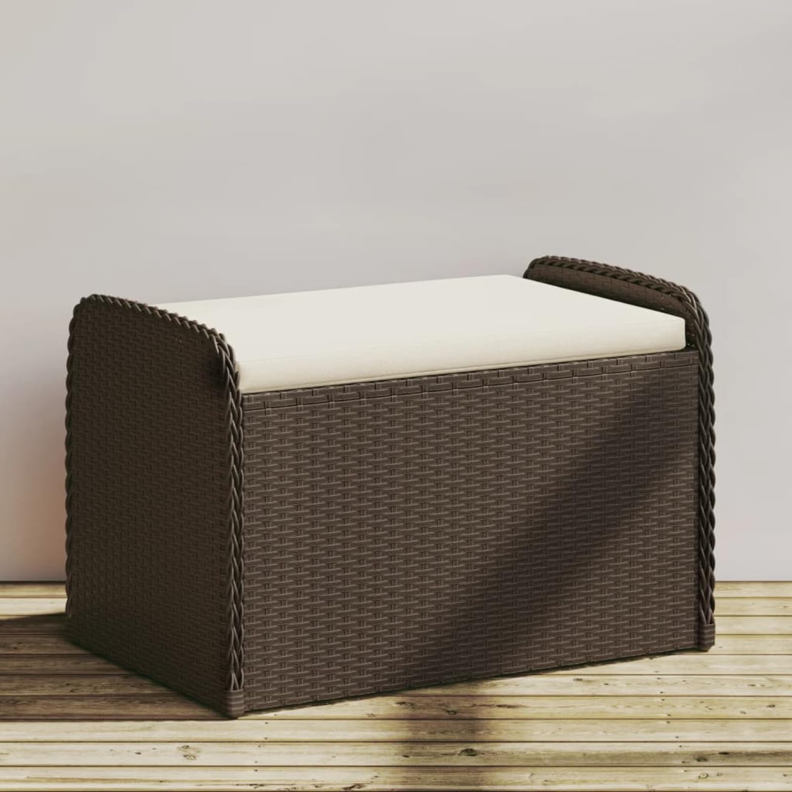 Gecheer Banco de almacenaje, con Asiento Exterior, Almacenamiento Impermeable, ratán de PE, Acero con Recubrimiento en Polvo, marrón, para jardín, Patio y Piscina