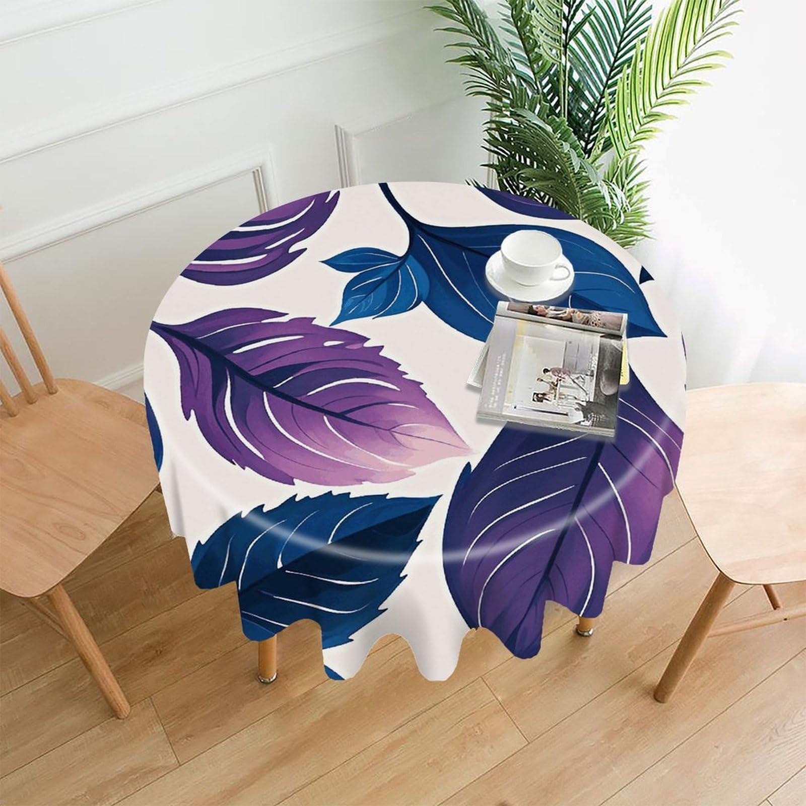 LZQPOEAS Purple and Blue Leaves Tablecloth Decorative Round Table Cloth Wrinkle Resistant Round Tablecloth Washable Circle Table Cover for Kitchen Dining Party Wedding Camping 60 Inch