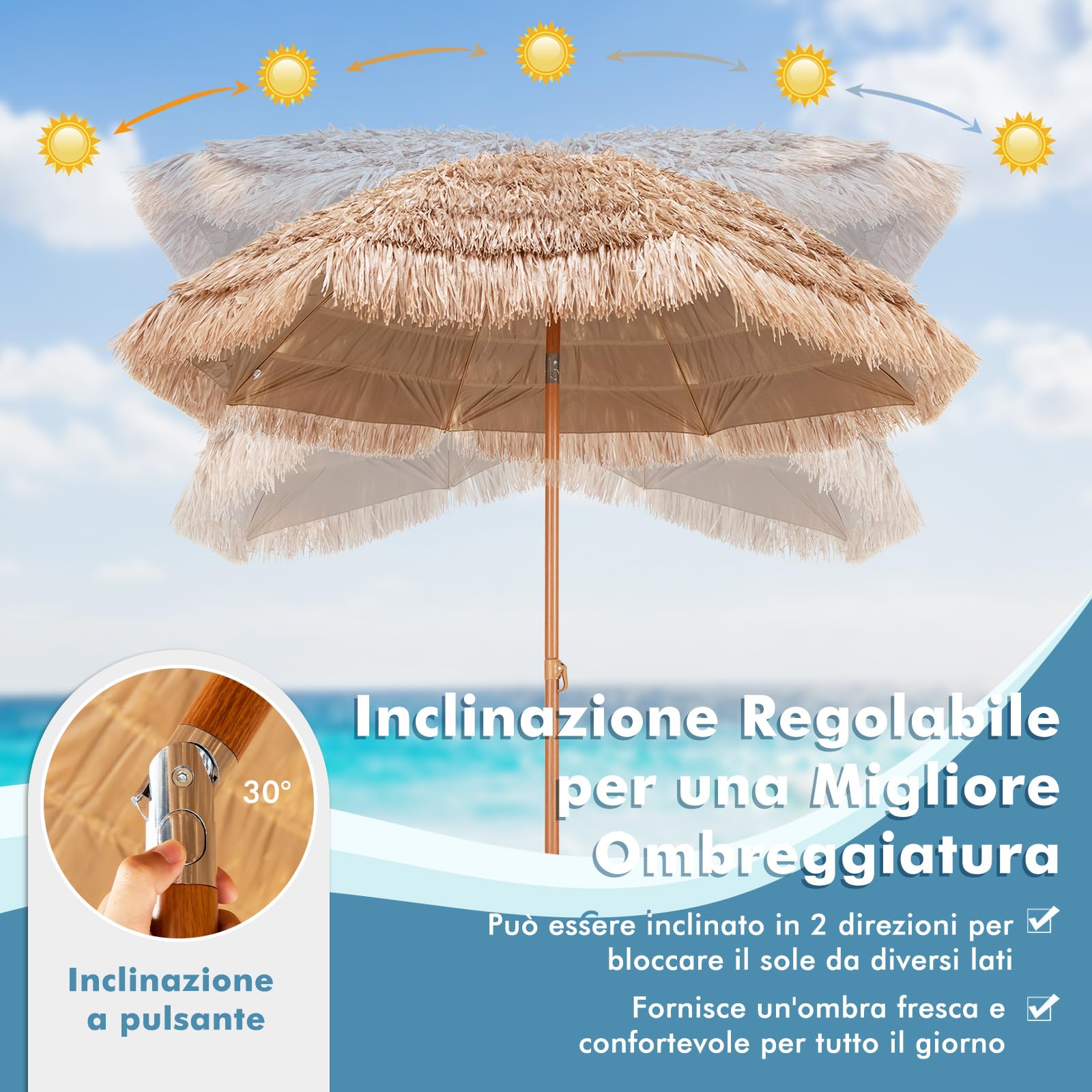 COSTWAY Ombrellone di Paglia in PP 208 cm, Ombrellone da Spiaggia Pieghevole, Parasole Hawaiano con Inclinabile in Metallo, Resistente all'Acqua e al Sole, per Spiaggia Giardino Balcone