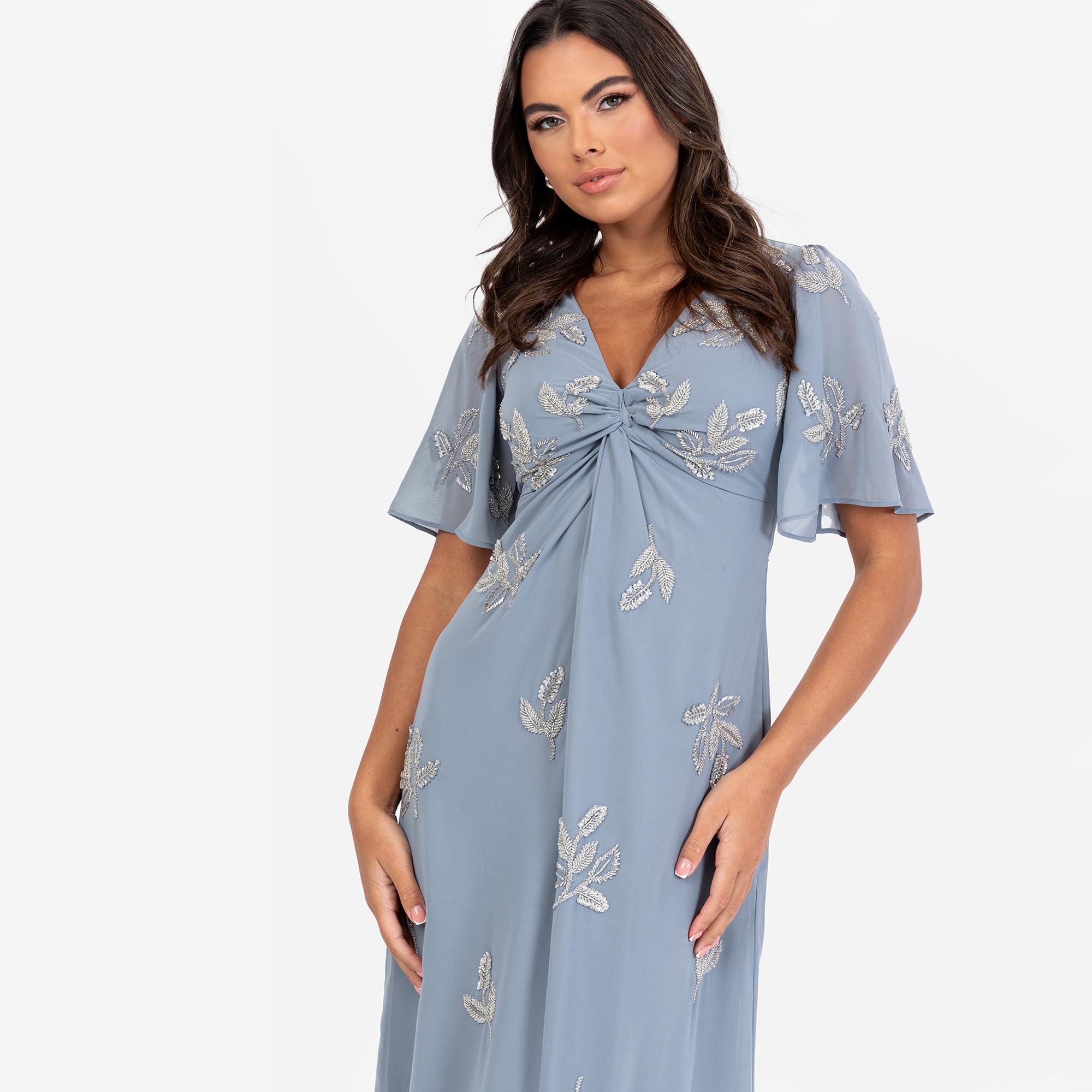 Women's Maxi Dress Ladies V-Neck Angel Sleeve Floral Bead Embellished Knot Front A-Line Bridesmaid Wedding Guest Prom