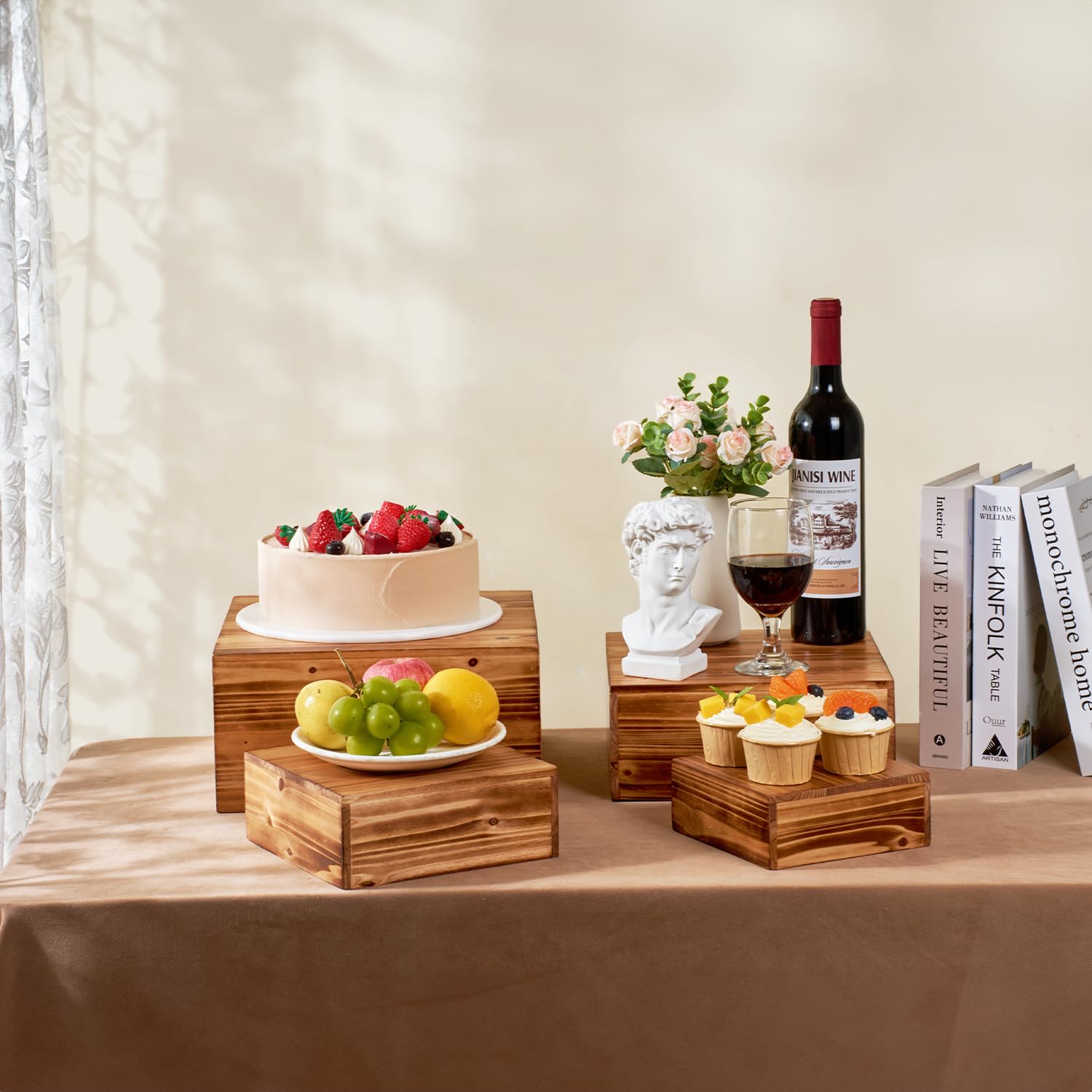 DAOYOUSKY Set di 4 alzate in legno rustico per torte e cupcake, espositore quadrato in legno per matrimoni, feste a buffet, espositori per dessert, cibo, biscotti, mostre artigianali, bruciati