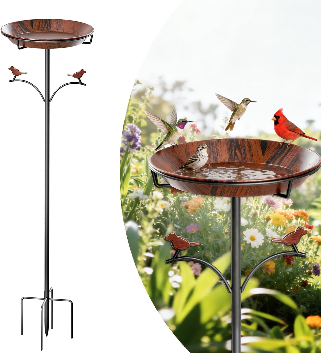 Metal Bird Bath for Outside, 35in Vintage Bird Bath Bowl, Removable 12in Dia Bird Bath Bowl with 5 Prong Stake, Easy to Clean Bird Bath for Garden Yard Lawn Decor(Antique Bronze)