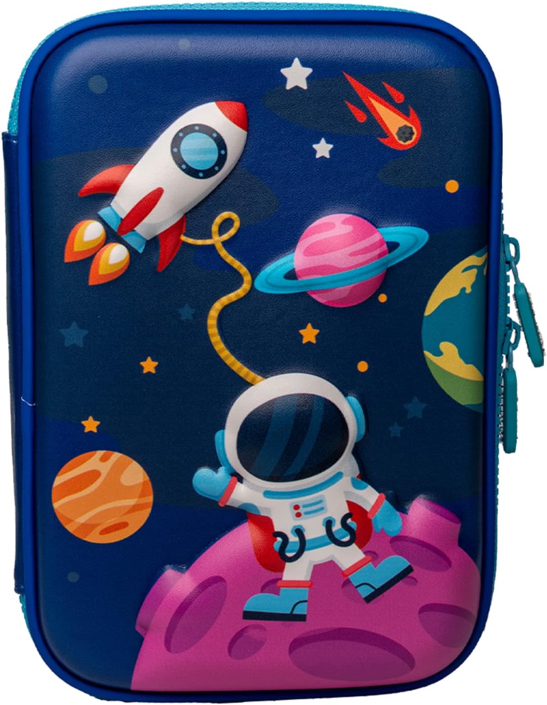 Ofsign Polyurethane Zipper Pencil Case | Big Pencil Box for Boys and Girls with Mesh Pocket, Aesthetic Pencil Pouch Ideal for Kids, Student, Stationery Items Organizer (Space Blue)