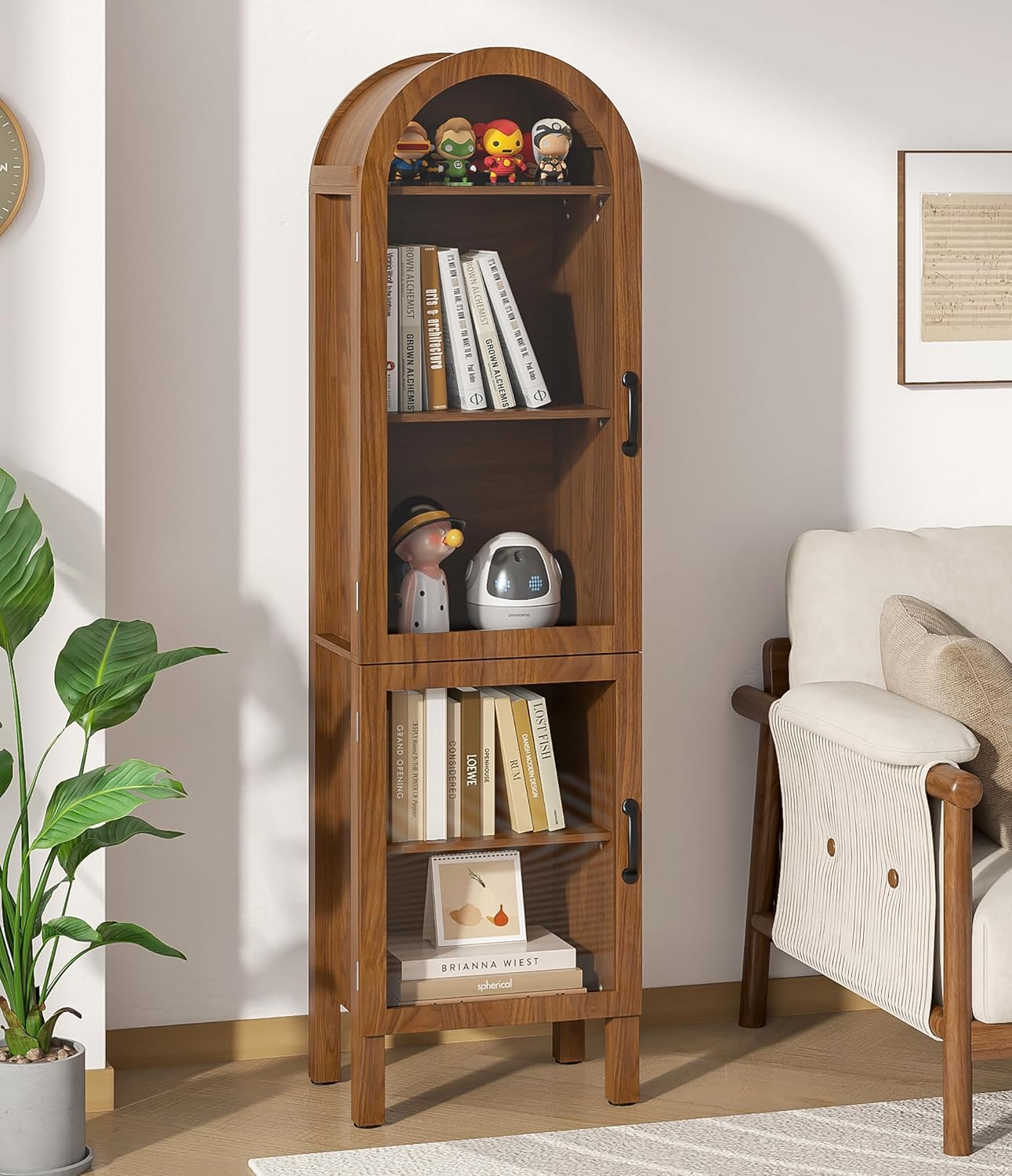 64.17 in Tall Arched Display Cabinet with Acrylic Glass Doors 5-Tier Kitchen Pantry Storage Cabinets Modern Wood Curio Cabinet Bookcase for Living