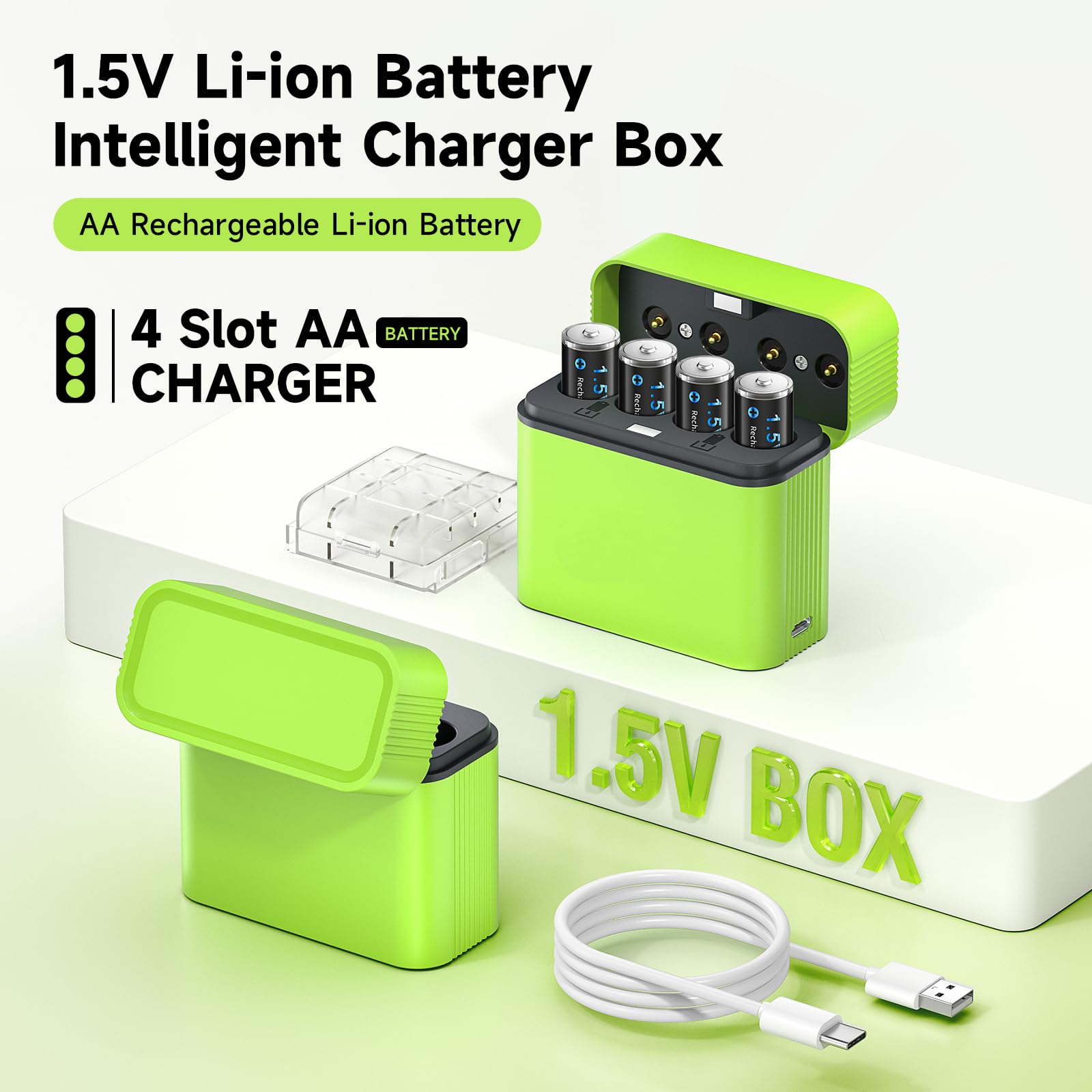 CITYORK Lot de 4 piles AA rechargeables au lithium avec chargeur, 1,5 V haute capacité 3000 mWh, batterie au lithium AA avec boîte de rangement intégrée