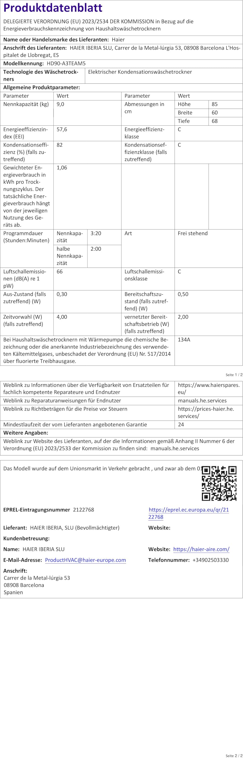 Haier Wärmepumpentrockner 9kg I-PRO Serie 5 HD90-A3TEAM5 | Smart Home: Wi-Fi & hOn App, Inverter-Motor, 3 Trockenstufen wählbar, Edelstahltrommel, I-Refresh Dampfprogramm