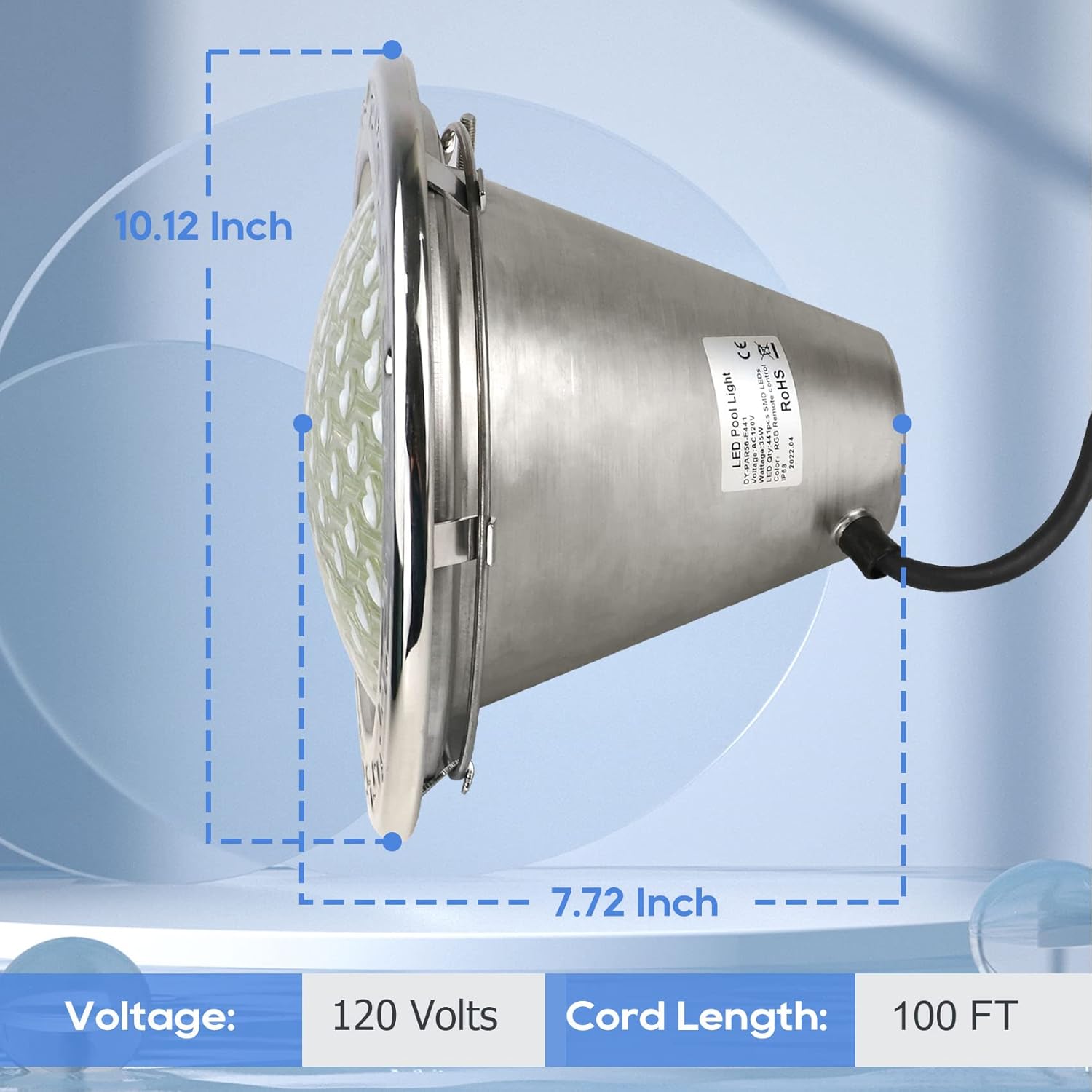 SH101300 100FT 120V LED Pool Light (White), 10 Inch Pool Light Bulb for Inground Pool, Underwater Swimming Pool Spa Light Replacement