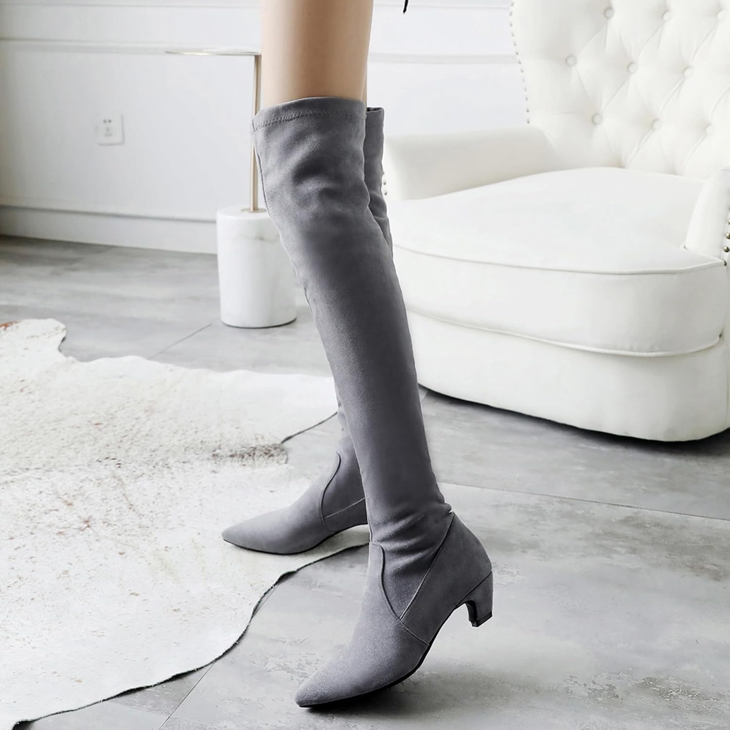 Women Kitten Heels Over Knee Stretch Boots Suede